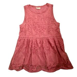 Cottagecore Mauve Pink Mesh Babydoll Top with Embroidered Floral Details Size M